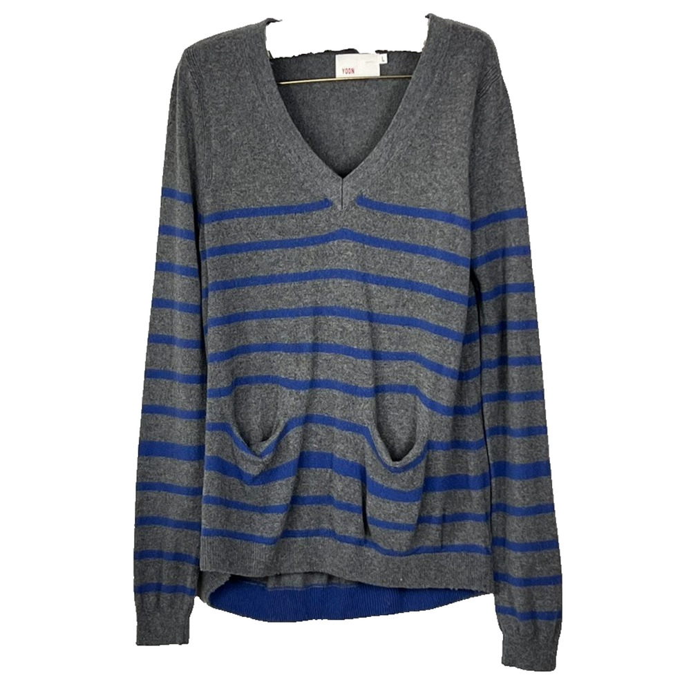 Yoon By Anthropology Grey Blue Long Sleeve Knit Sweater Women's Size L V-Neck